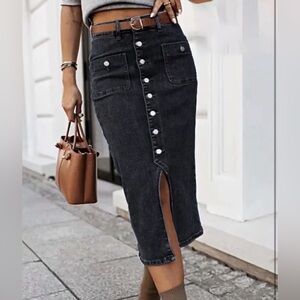 Flamingals Midi Skirt Button Front Slit Vintage High Waist A-Line Jean Skirt